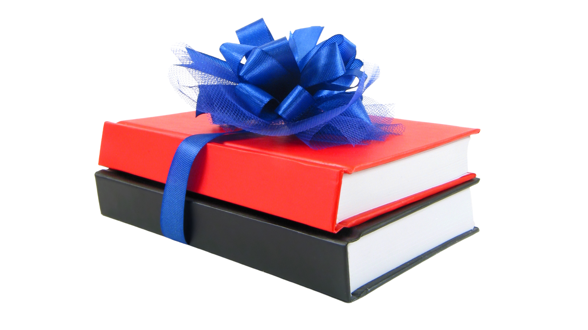 black and red books wrapped with blue ribbon